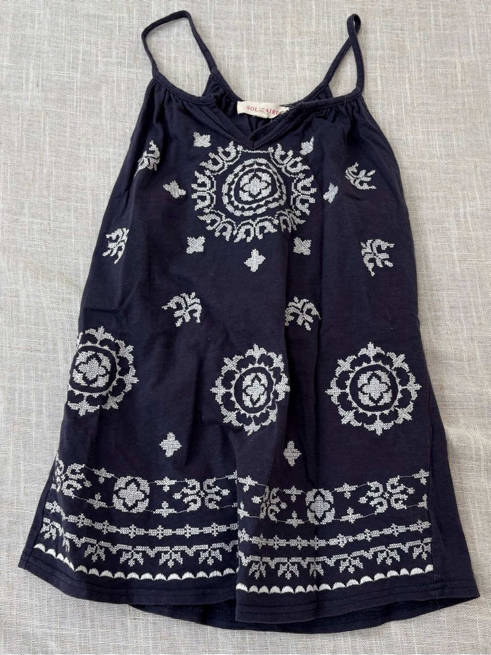 Solitaire Navy Blue Sundress with White Embroidered Motifs